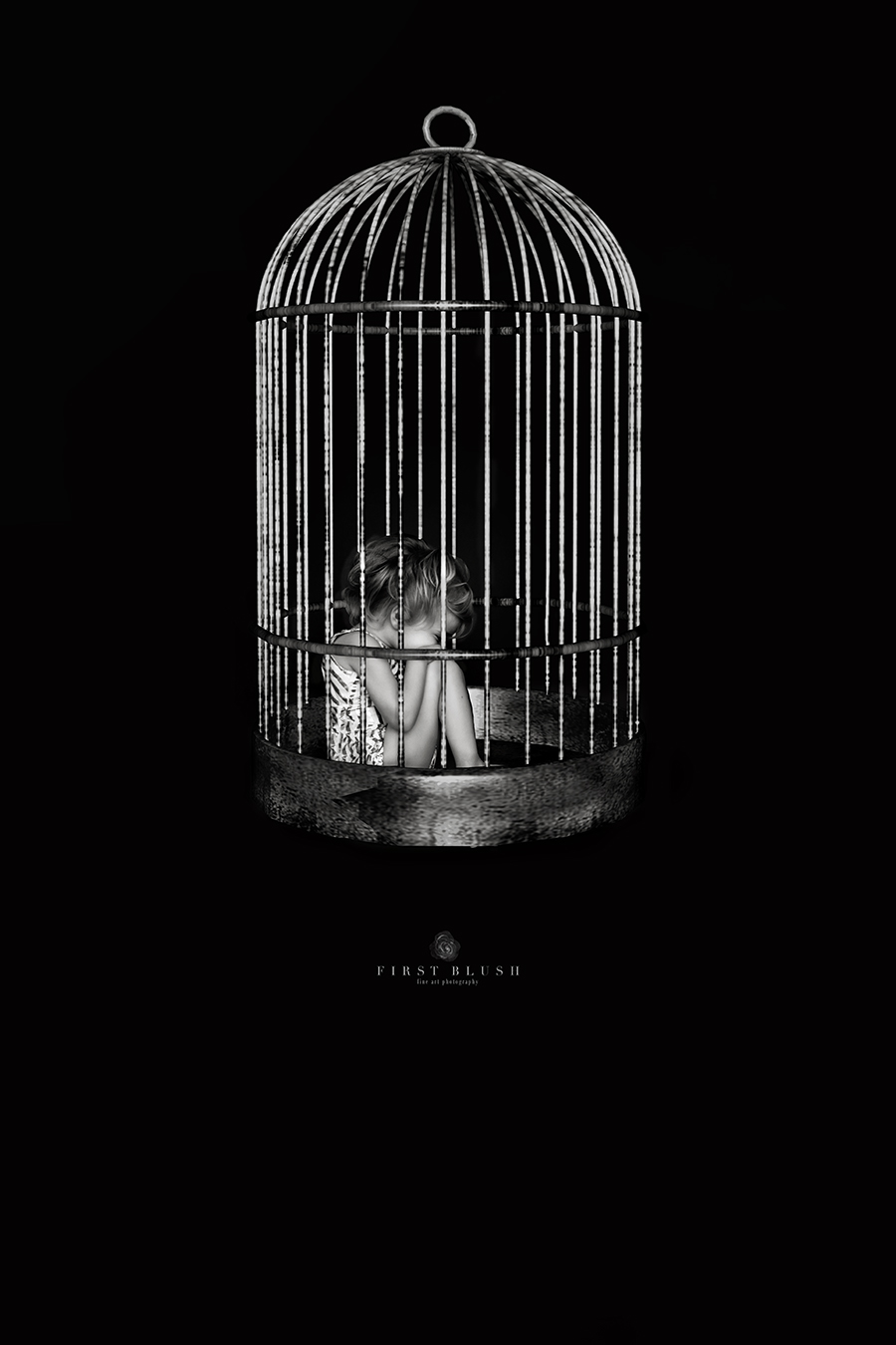 Child trafficking and a child that has been caged in an old style bird cage waiting.